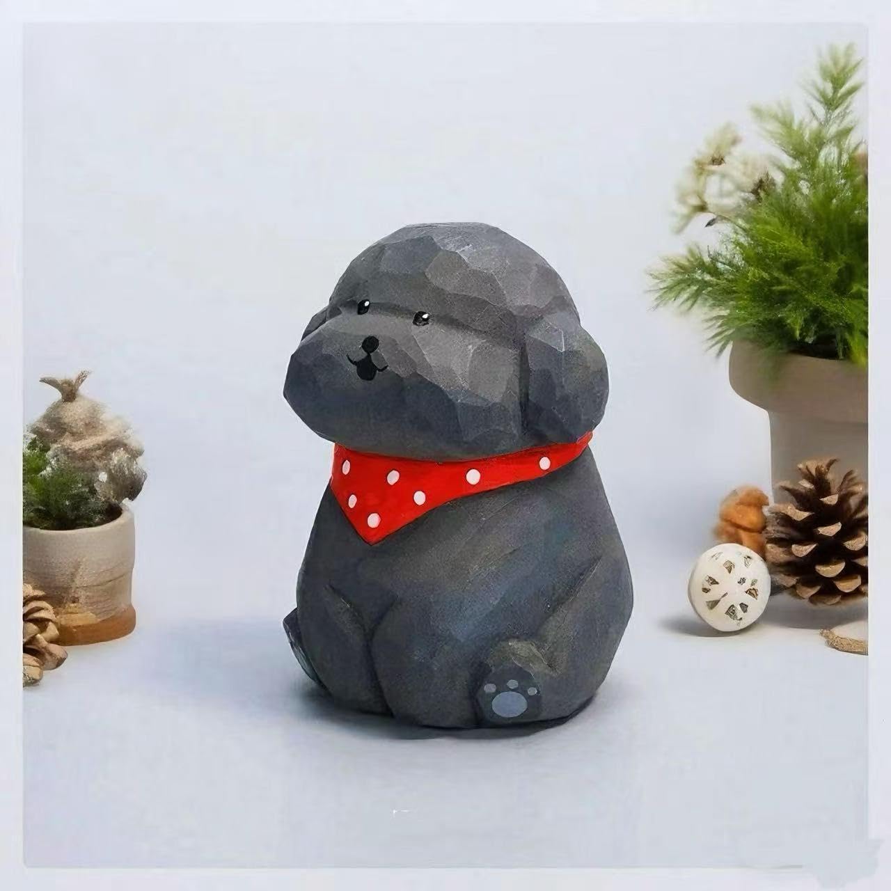 Cute Wood Teddy Dog Figurine, 2.7' Handmade Carved Gray Teddy Statue with Base, Unique Pet Dog Figure Collectibles Home Decor