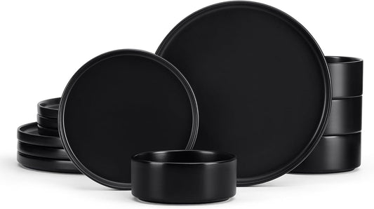 E-far Stoneware Dinnerware Sets, 12-Piece Plates and Bowls Dish Set for 4, Kitchen Modern Dinning Ware, Chip and Scratch Resistant, Microwave & Dishwasher Safe, Matte Black