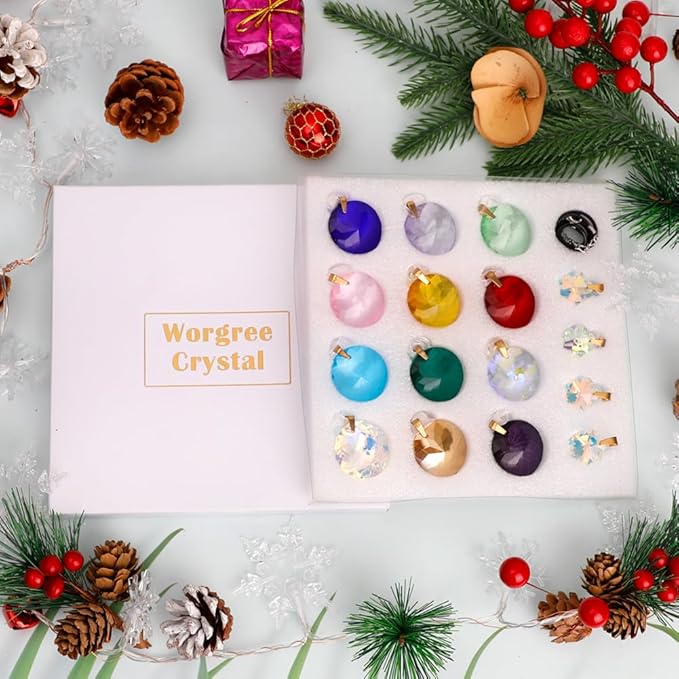 Worgree Crystal Christmas Ornaments Set, 16 Pcs Mini Colorful Crystal Glass Christmas Balls Ornaments for Xmas Tree Decorations Decorative Hanging Crystals Prism Ornaments for Wedding Party Home Decor