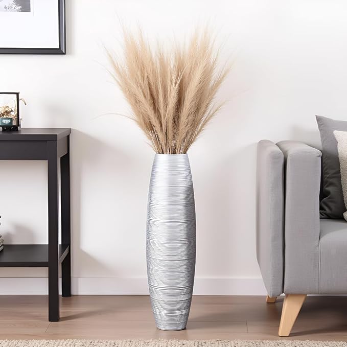 Tall Floor Vase, 27.5 inches (70cm, 2.3FT) Tall Vases Sturdy, Luxury, Textured for Decorative Branches Dried Flowers, Floor Vase for Rustic Living Room, Modern Decor, Resin Silver Vases
