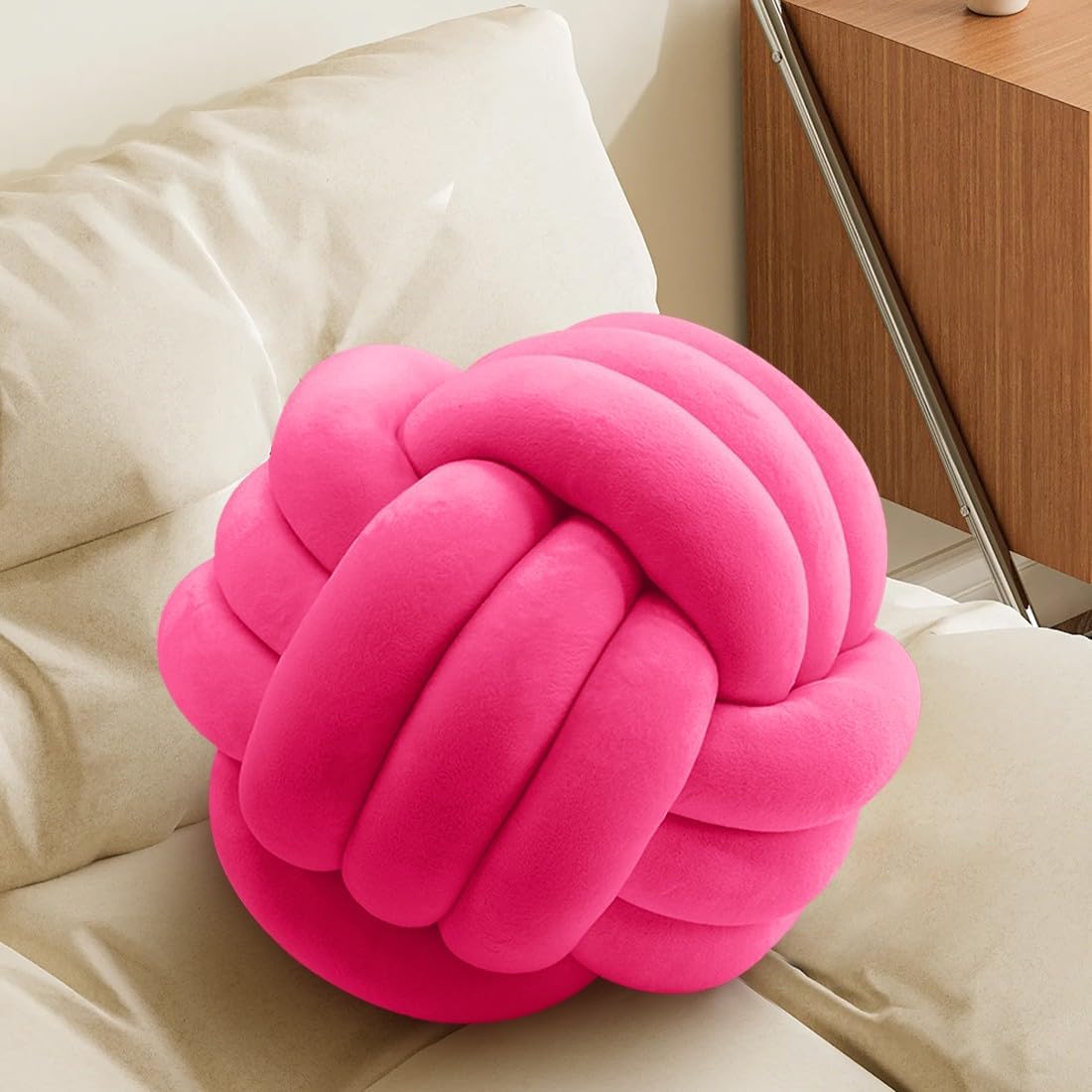 Hot Pink Knot Pillow Ball, Handmade Decorative Throw Pillow, Soft Round Knotted Cushion for Couch & Bedroom, Cute Home Decor, Braided Pillow for Living Room (7.87 Inches)