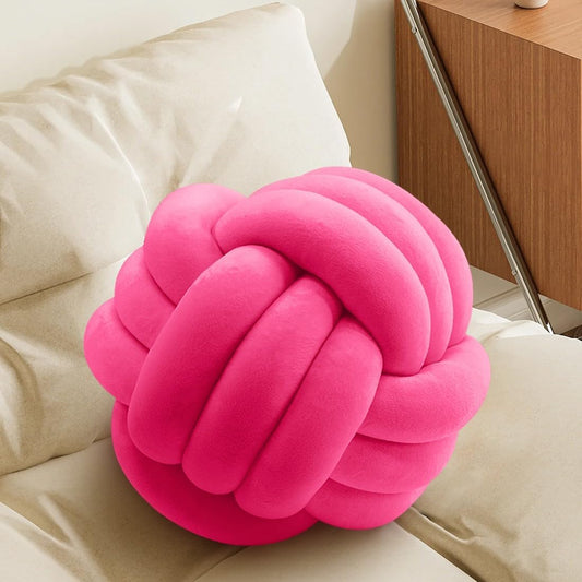 Hot Pink Knot Pillow Ball, Handmade Decorative Throw Pillow, Soft Round Knotted Cushion for Couch & Bedroom, Cute Home Decor, Braided Pillow for Living Room (10.6 Inches)