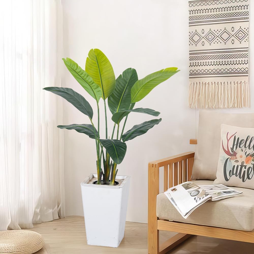 Bird of Paradise Artificial Plant 4FT, Faux Tropical Palm Tree with White Tall Planter, Large Fake Plants in Pot - Artificial Tree for Home Office Living Room Decor Indoor