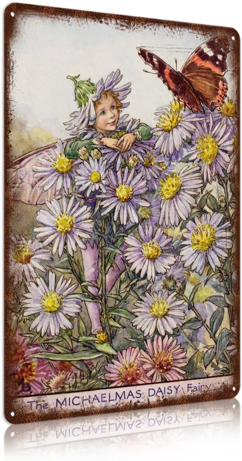 Flower Fairy Wall Decor Vintage Metal Tin Signs Fairy Garden Accessories - The Michaelmas Daisy