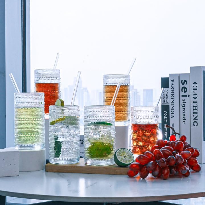 Hobnail Drinking Glasses Vintage Glassware SetVintage Glassware Set (6CLEAR-ADD STRAWS)