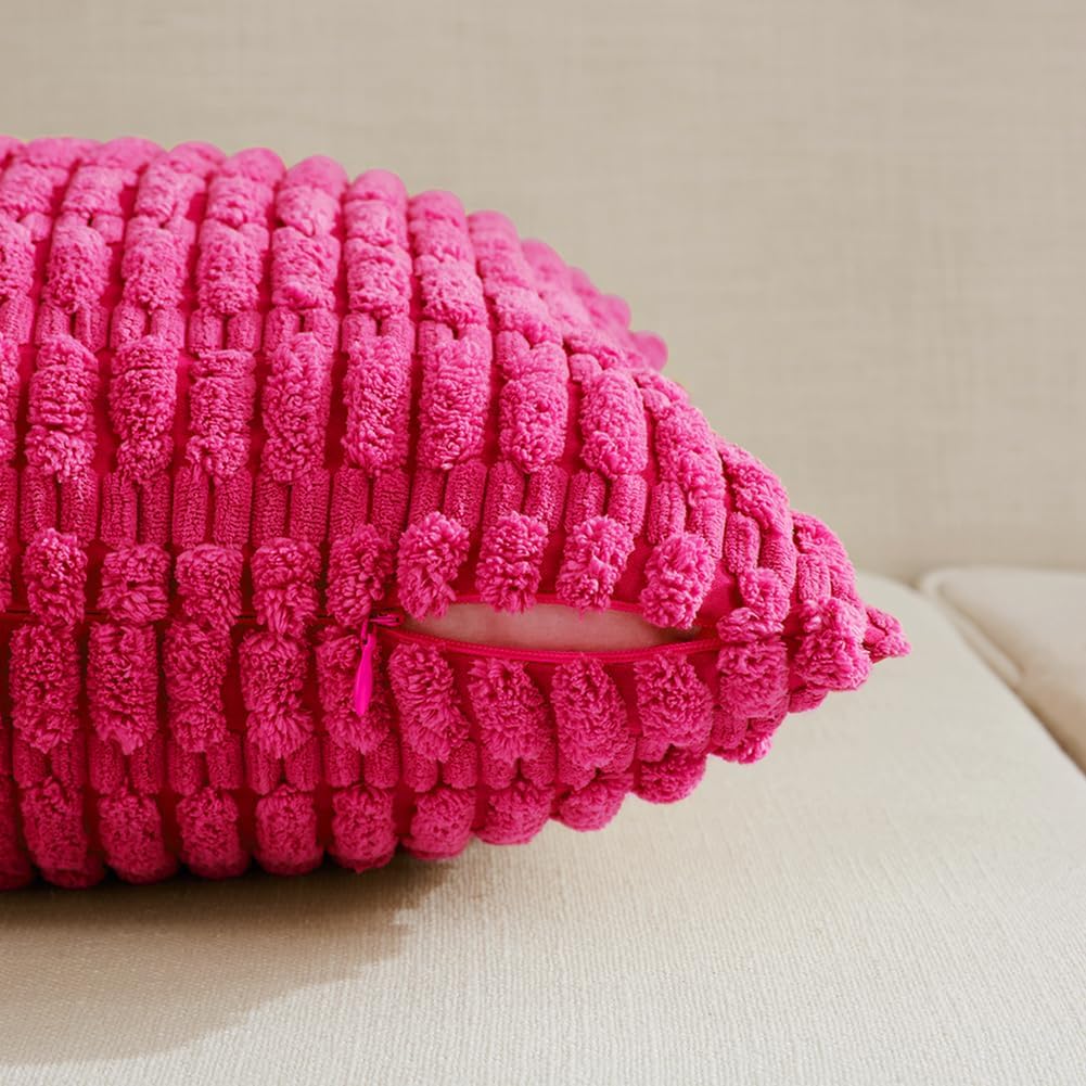 Fancy Homi 4 Packs Boho Hot Pink Decorative Throw Pillow Covers 18x18 Inch for Couch Bed Sofa, Rustic Modern Farmhouse Home Decor, Soft Plush Corduroy Cute Square Cushion Case 45x45 cm