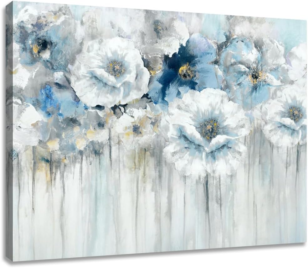 Living Room Flowers Canvas Wall Art Blue and White Floral Pictures with Gold for Gray Bedroom Decor 32" x 24"