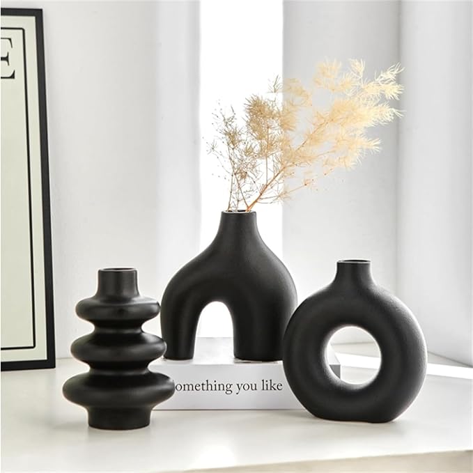White Ceramic Vases Set of 3, Minimalist Nordic Modern Style, Round Donut Vase for Dried Flowers, Pampas Grass & Fresh Blooms,Boho Home Decor for Table Shelf Living Room Office (Black)