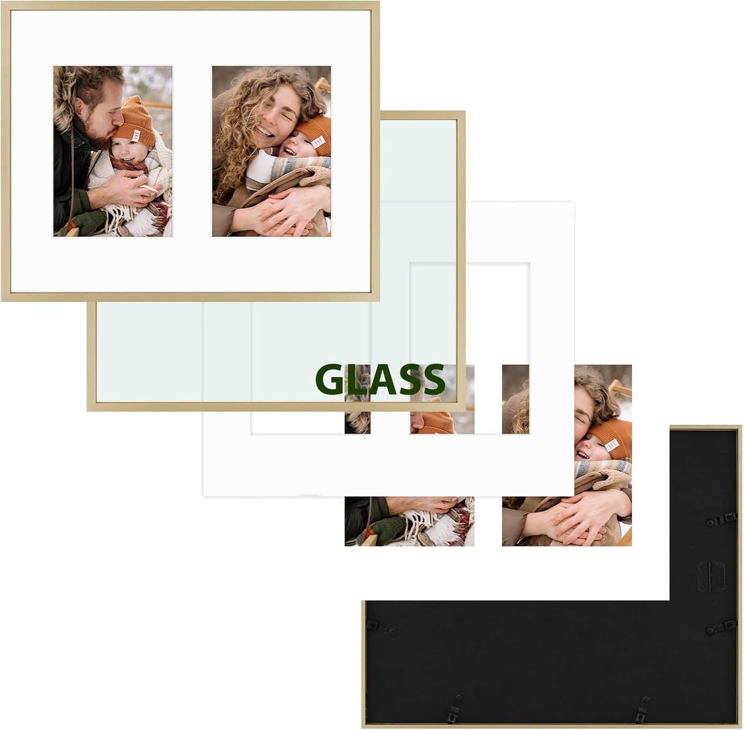 Frametory - 11x14 Aluminum Collage Picture Frame - Display 5x7 Pictures with 2 Openings Mat - Real Glass Front - Horizontal/Vertical Wall Mount - Gold 1 Pack
