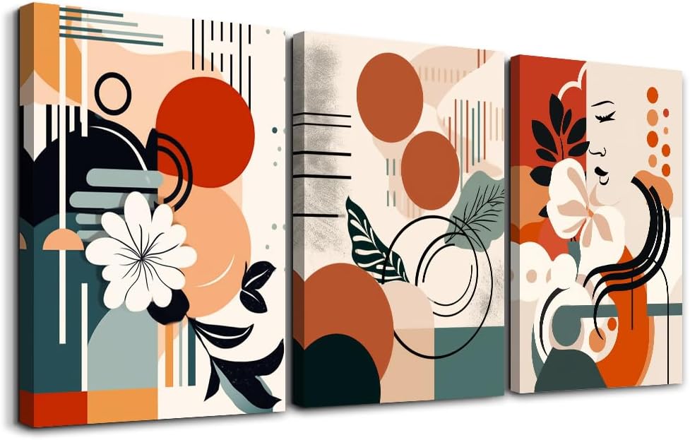 MHARTK66 Canvas Wall Art For Bedroom & Living Room - Boho & Vintage Flowers Wall Painting - Abstract Art - Ready To Hang - Framed Wall Pictures - 3 Panels
