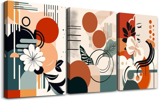 MHARTK66 Canvas Wall Art For Bedroom & Living Room - Boho & Vintage Flowers Wall Painting - Abstract Art - Ready To Hang - Framed Wall Pictures - 3 Panels