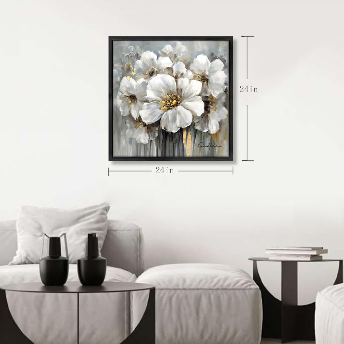 Framed Flowers Canvas Wall Art, 24W x 24H inch, White Floral and Black Frame