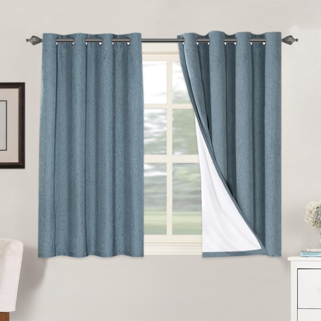 H.VERSAILTEX Linen Blackout Curtains 45 Inches Long 100% Blackout Thermal Insulated Textured Linen Look Curtain Draperies Anti-Rust Grommet, Energy Saving with White Liner, 2 Panels, Stone Blue