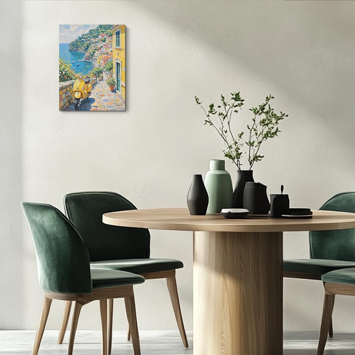 Italy Coast Landscape Wall Art, Italy Motorcycle Summer Watercolor Painting Canvas Framed Prints Modern Decorations, Rustic Theme Flowers Poster for Living Room Entryway Farmhouse Bedroom Dining room