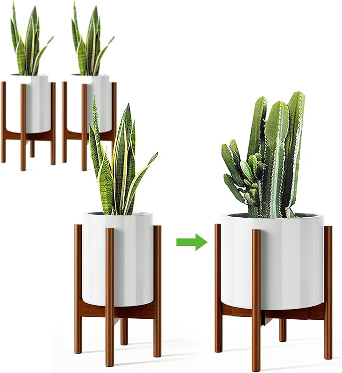 MUDEELA 2 Pack 14.5 Inch Tall Plant Stand for Indoor, Adjustable Width Bamboo Plant Stand for 8 9 10 11 12 Inches Pot, Single Tier Mid Century Modern Planter Holder Floor Stand, Dark Brown, Without Pot