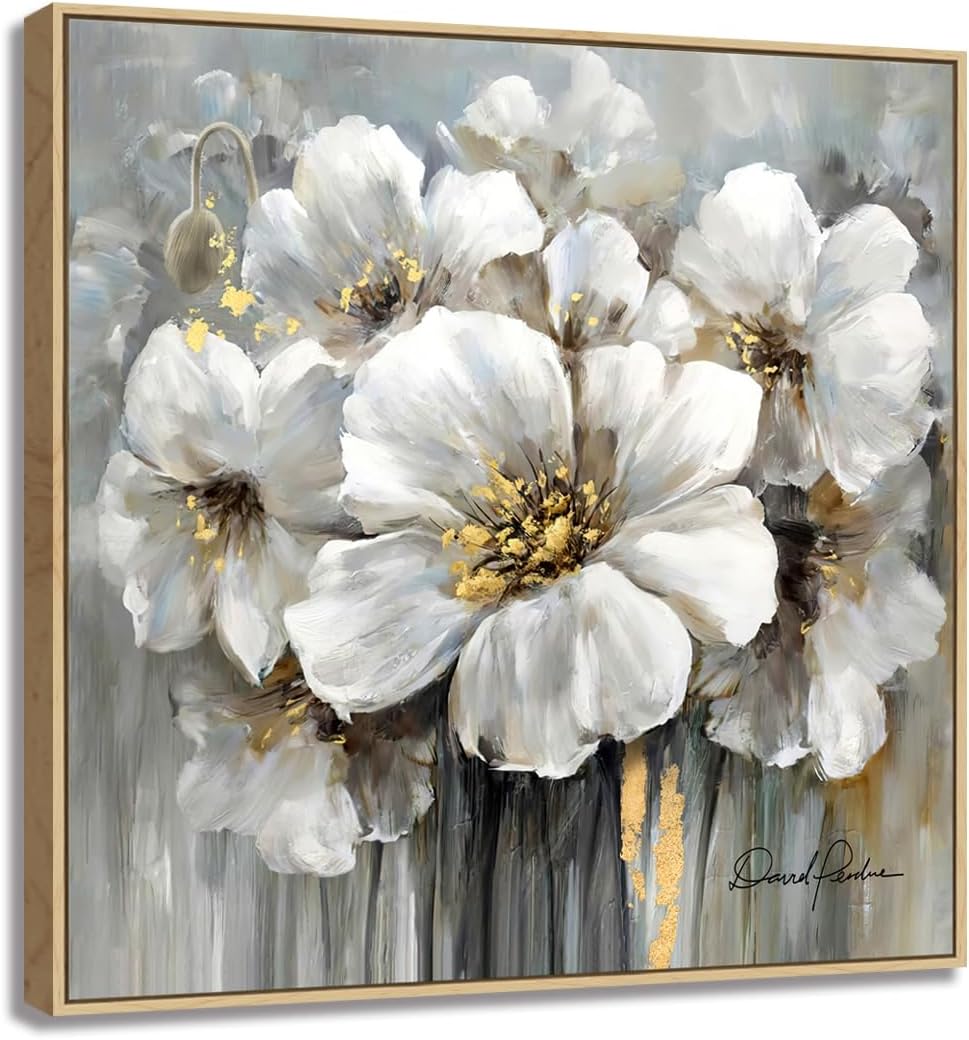Living Room Flower Wall Art White and Gray Floral Picture with Gold on Canvas for Home Decor Framed 24" x 24", Solid Wood Frame
