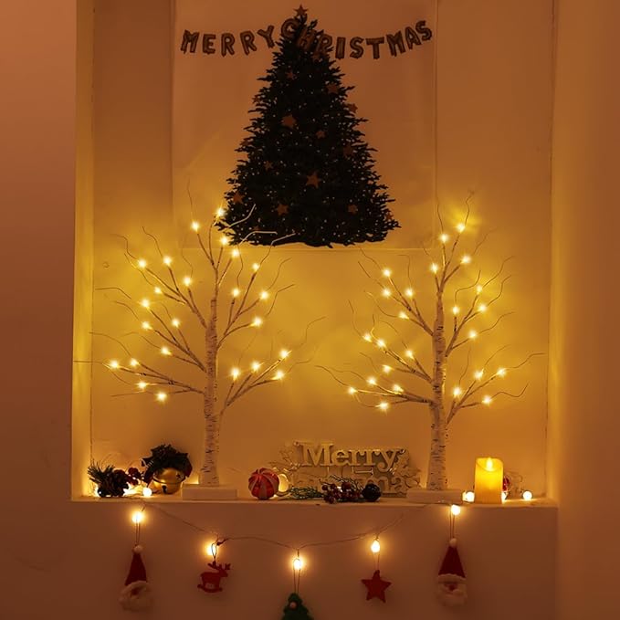2FT Lighted Birch Tree,Christmas Decorations for Indoor,Table Top Christmas Trees with Lights,Dual Power USB or Battery,Lighted Tree for Winter Holidays Halloween Wedding Decor Set of 2