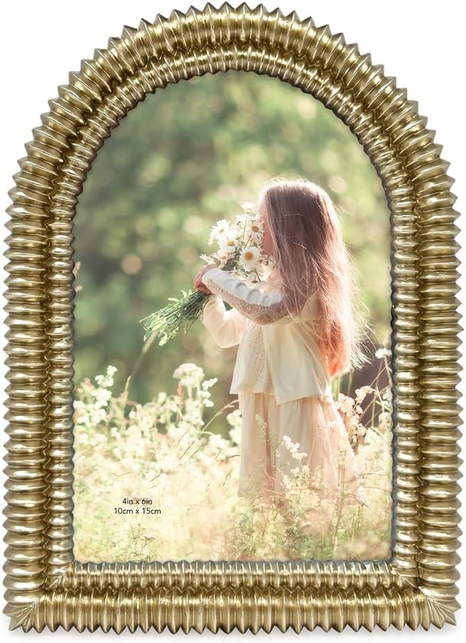 Isaac Jacobs 4x6 Champagne Gold Double Bead Arch Photo Frame with Black Fabric Easel, Tabletop, Wall-Mountable, Shelf and Desk, Decorative Art Design, Home Décor (4x6, Champagne Gold)