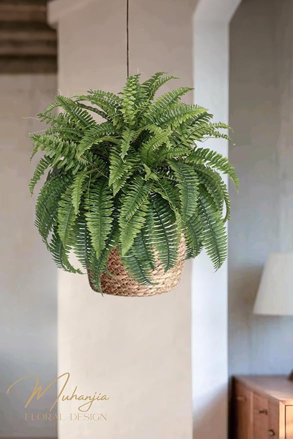 Silky Artificial Boston Fern Bush,48IN Fake Fern Large Hanging Plant That Look Real for Outdoors Home Decor,80Branches (Pack of 2)