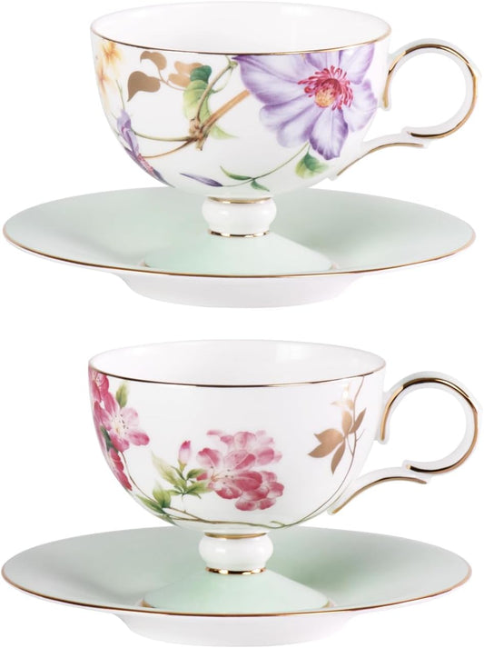 KAMMAK Ceramic Coffee Cups Saucers Set of 2, Porcelain Espresso Cups with Saucers, 7.44 oz Handcrafted Elegant Bone China Tea Cups, Passionflower & Crabapple Blossom Teacup for Party, Women Gift