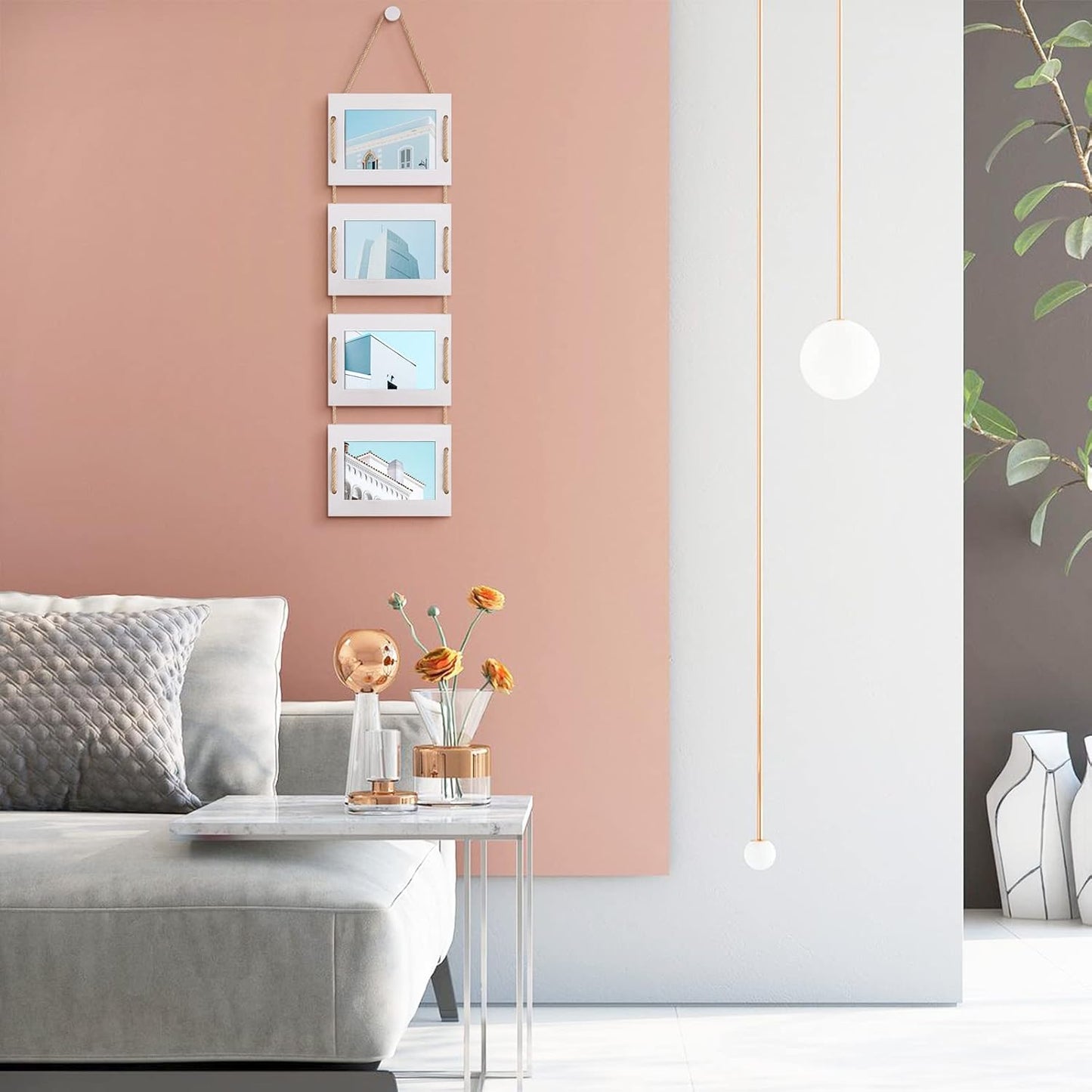 DLQuarts 4x6 Hanging Collage Picture Frames Wall Decor, 4-Opening 4x6 Photo Without Mat Rustic Wood Frame with Hemp Rope, 1 Pack, Vintage White