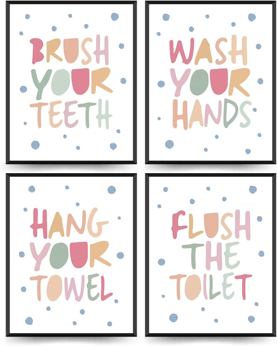 ETVISO Kids Bathroom Decor Set of 4, Kids Bathroom Wall Decoration Prints, Wash Your Hands Sign Decoration, 8x10 (Unframed)