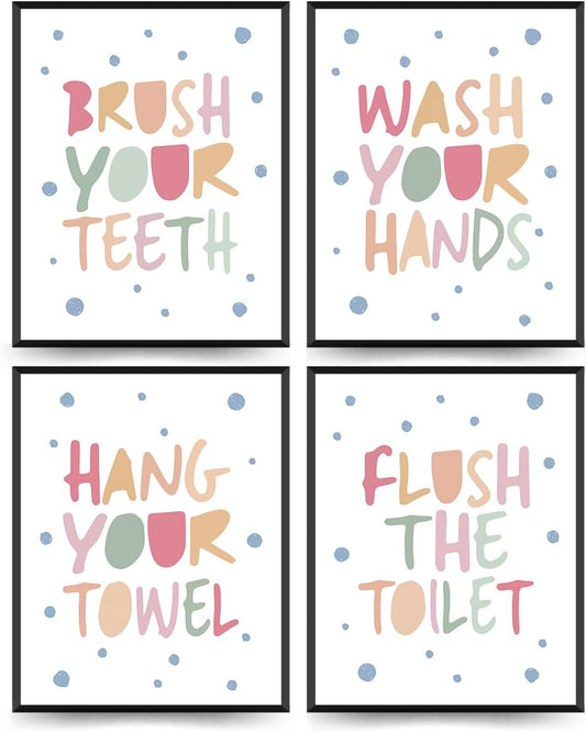 ETVISO Kids Bathroom Decor Set of 4, Kids Bathroom Wall Decoration Prints, Wash Your Hands Sign Decoration, 8x10 (Unframed)