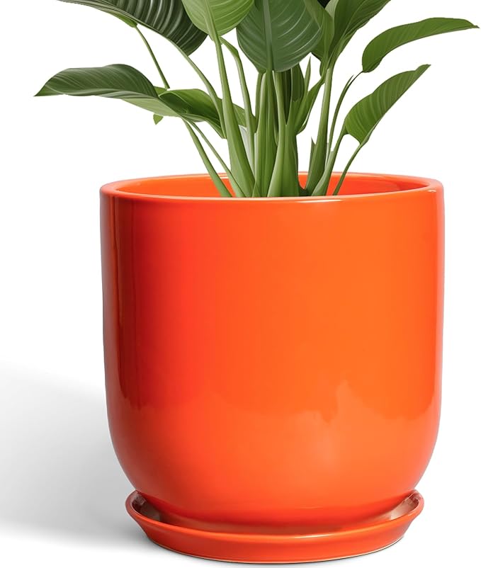 12 Inch Pots for Plants - Ceramic Planter with Drainage Hole and Saucer, Decorative Round Large Plant Pot for Indoor Outdoor Plants, Plant Lover Gifts, Home Office Garden Decor, Orange