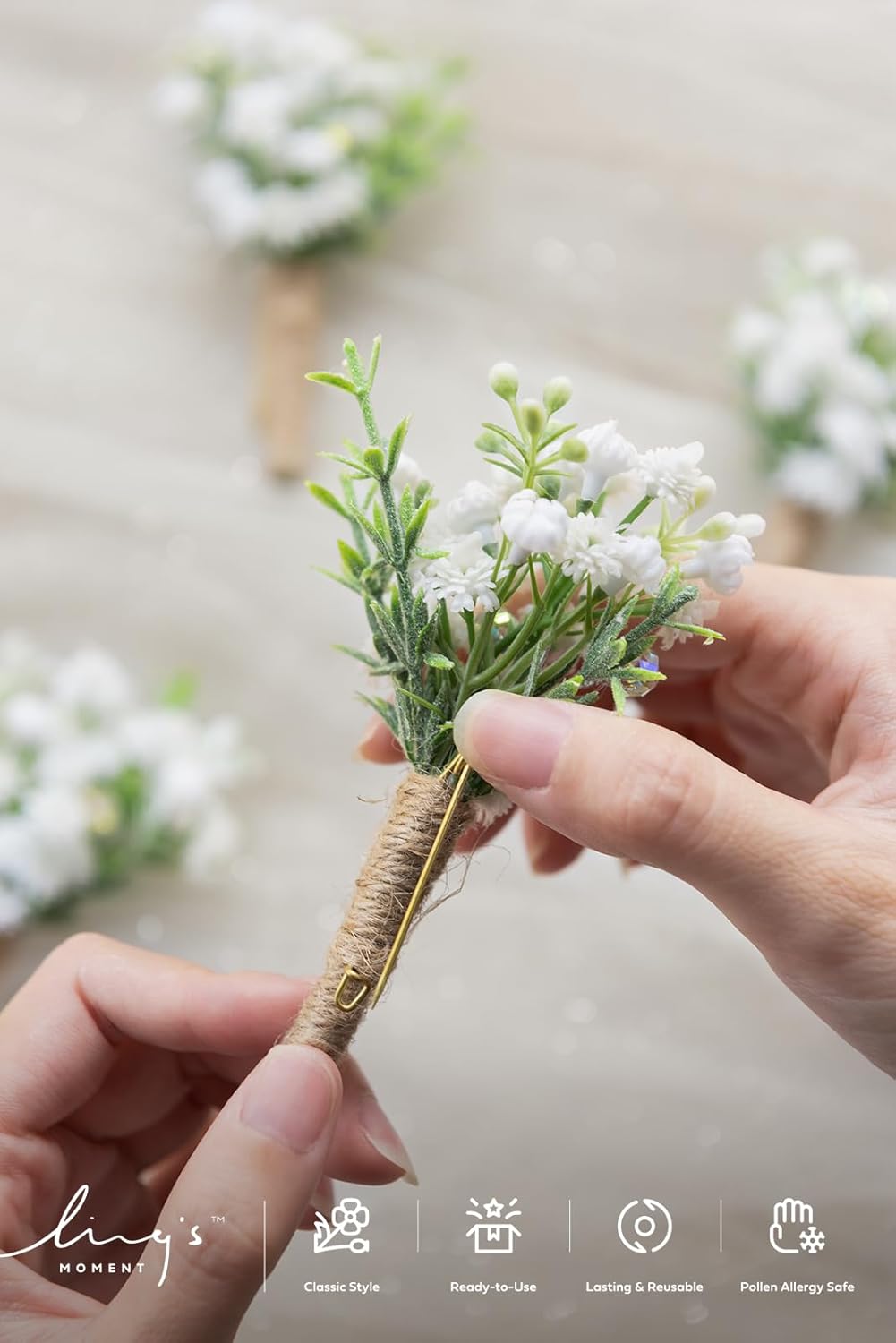 Ling's Moment Boutonniere for Men, 10pcs Groomsmen Guest Boutonniere, Artificial Flowers for Wedding Décor/Prom/Homecoming,etc.Baby Breath White