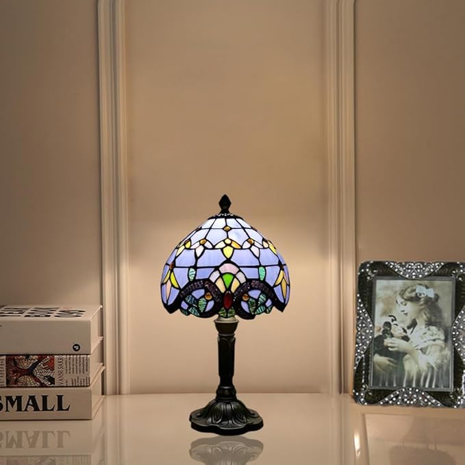 Tiffany Style Table Lamp 8'', Purple Tiffany Table Lamp for Bedroom Study Office Home Stained Glass Lamp