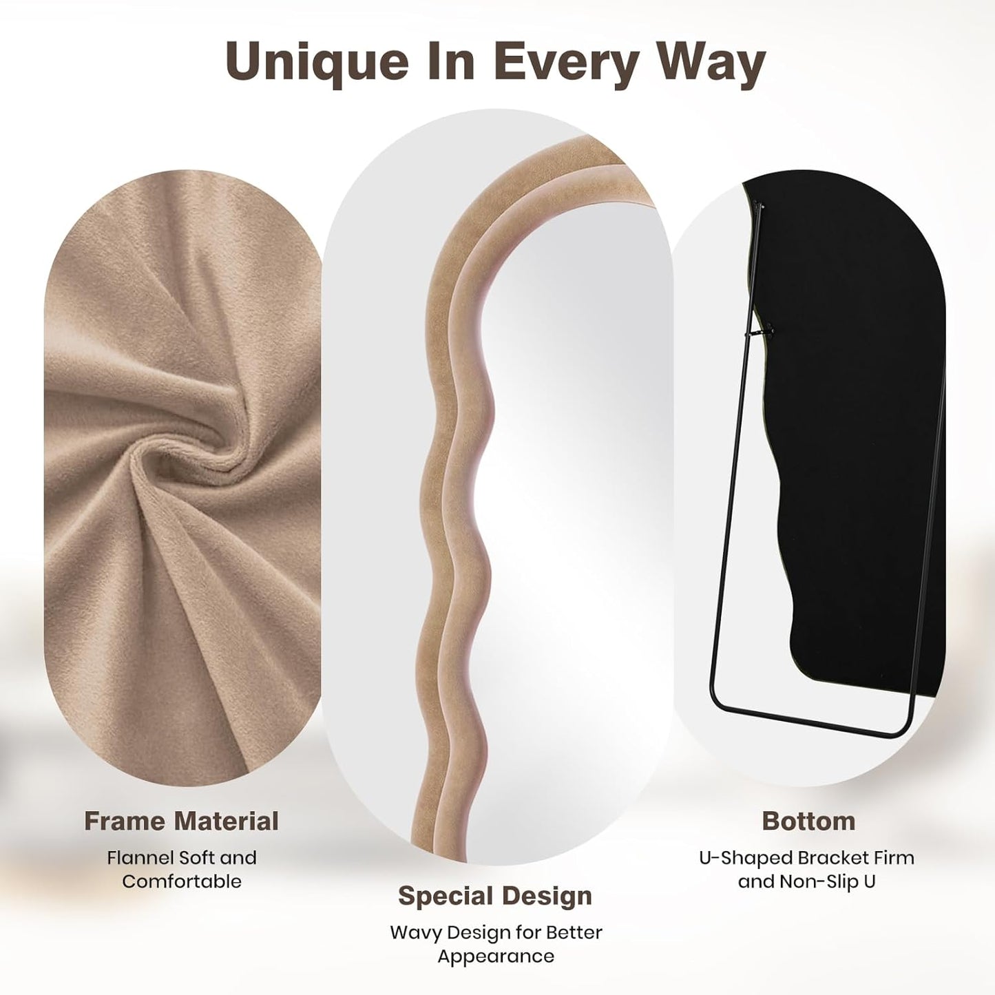 Full Length Mirror 63"x24" Arched Wavy Full Body Wall Mounted Floor Mirror with Stand Milk Tea Flannel Frame Leaning Hanging Wall Mirror for Bedroom Entrance Hallway