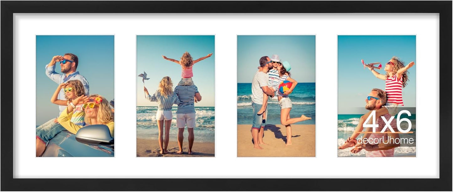 decorUhome 8x20 Picture Frames Collage Wall Decor, Display 4Pcs 4x6 Photos with Mat or 1Pcs 8x20 Unmatted, 4 4x6 Collage Picture Frames for Wall Mounting, Black