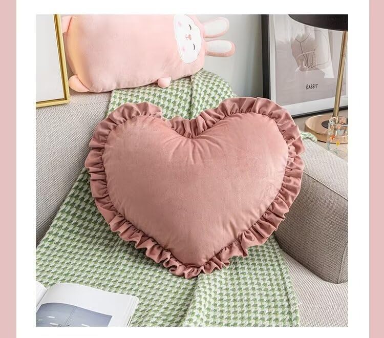 Heart-Shaped Throw Pillow 20×16 Inch Velvet Ruffed Heart Pillow Home Decoration Pillows Cushion for Sofa Bed Chair Living Room Light Pink