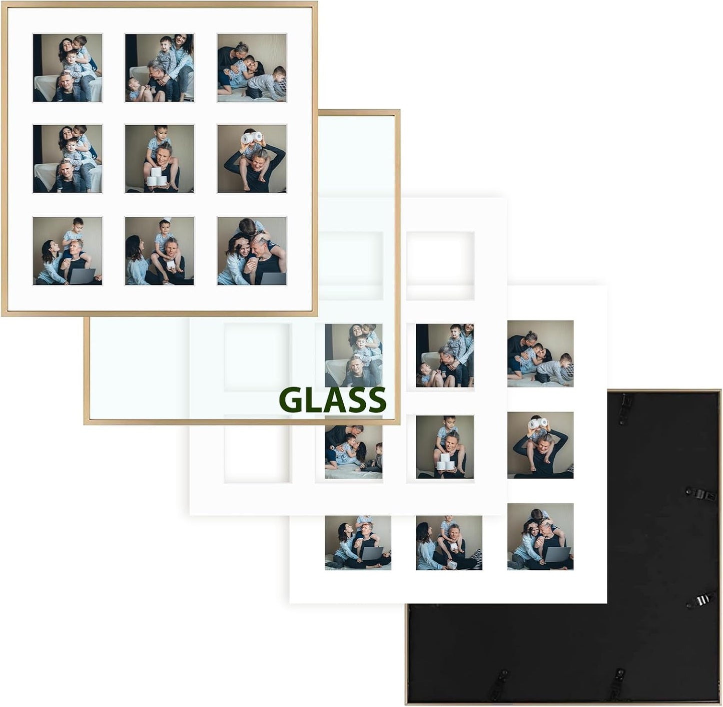 Frametory - 16x16 Aluminum Collage Picture Frame - Display 4x4 Pictures with 9 Openings Mat - Real Glass Front - Horizontal/Vertical Wall Mount - Gold 1 Pack