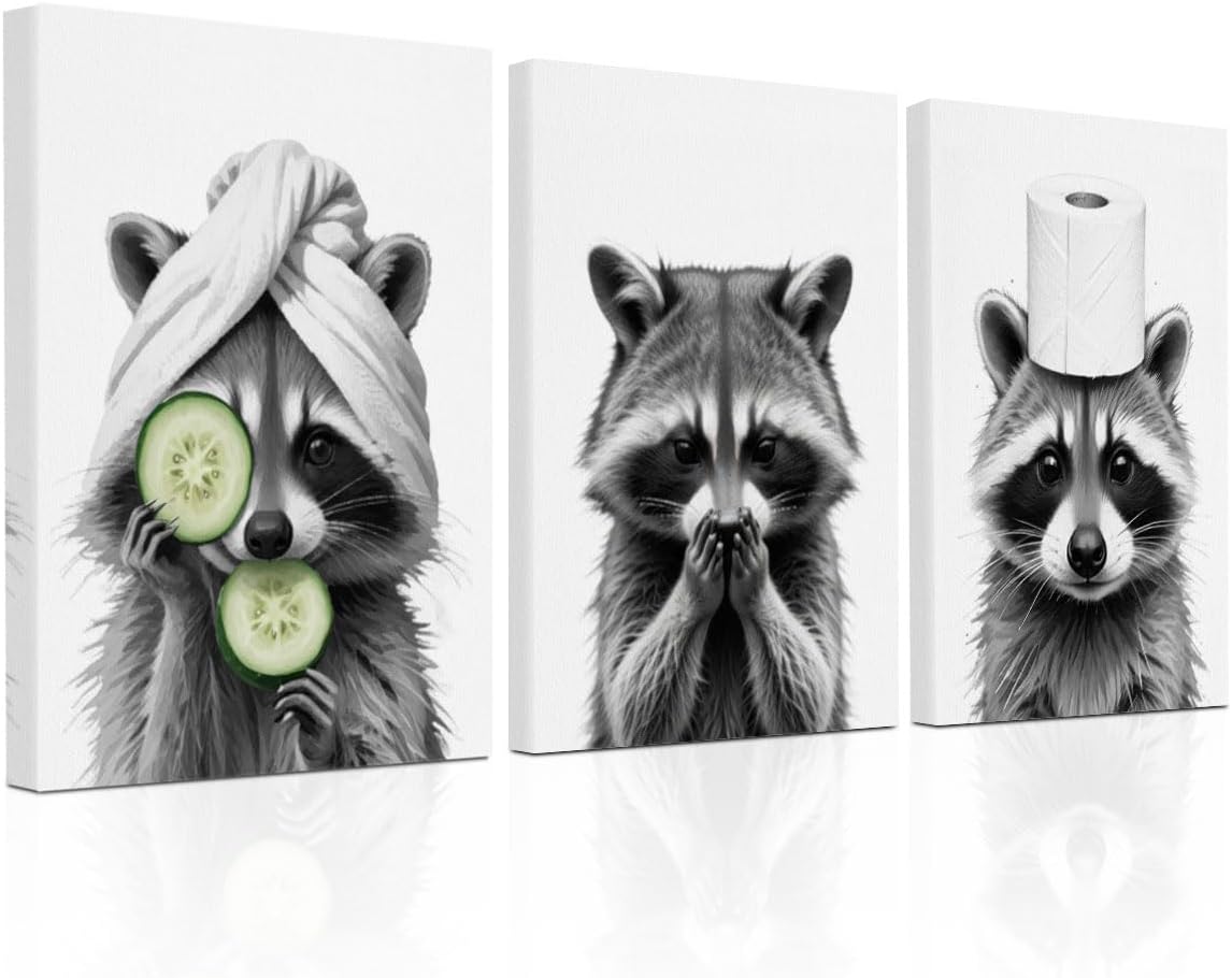 HZMLYDJ 3Pcs Adorable Raccoon Bathroom Wall Art, Modern Black and White Animal Wall Decor Funny Bathroom Sign Wood Rustic Farmhouse Interestring Washroom laundry room Decorations Animal Prints Wall
