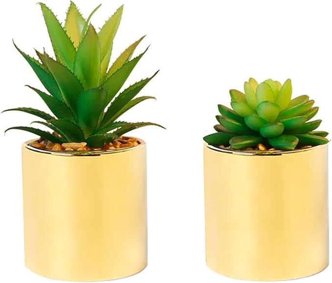 Faux Succulent Artificial Plants 7'' & 5'' in Pots Home Decoration Set of 2 Gold Pots