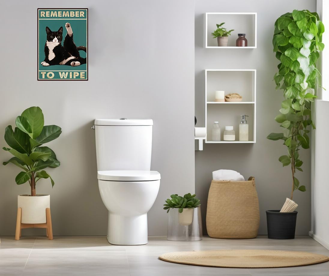 Funny Cat Bathroom Decor Sign Tuxedo Cat Remember To Wipe Tin Sign for Bathroom Toilet Wall Decor 8x12 INCH (3155)