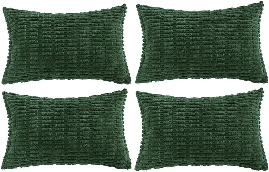 Fancy Homi Set of 4 Dark Green Lumbar Rectangle Decorative Throw Pillow Covers 12x24 Inch for Couch Bed Chair, Aesthetic Boho Room Decor, Soft Fuzzy Thick Corduroy Cute Textured Cushion Case 30x60cm