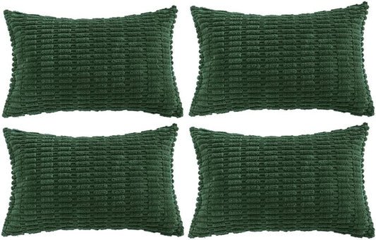 Fancy Homi Set of 4 Dark Green Lumbar Rectangle Decorative Throw Pillow Covers 12x20 Inch for Couch Bed Chair, Aesthetic Boho Room Decor, Soft Fuzzy Thick Corduroy Cute Textured Cushion Case 30x50cm
