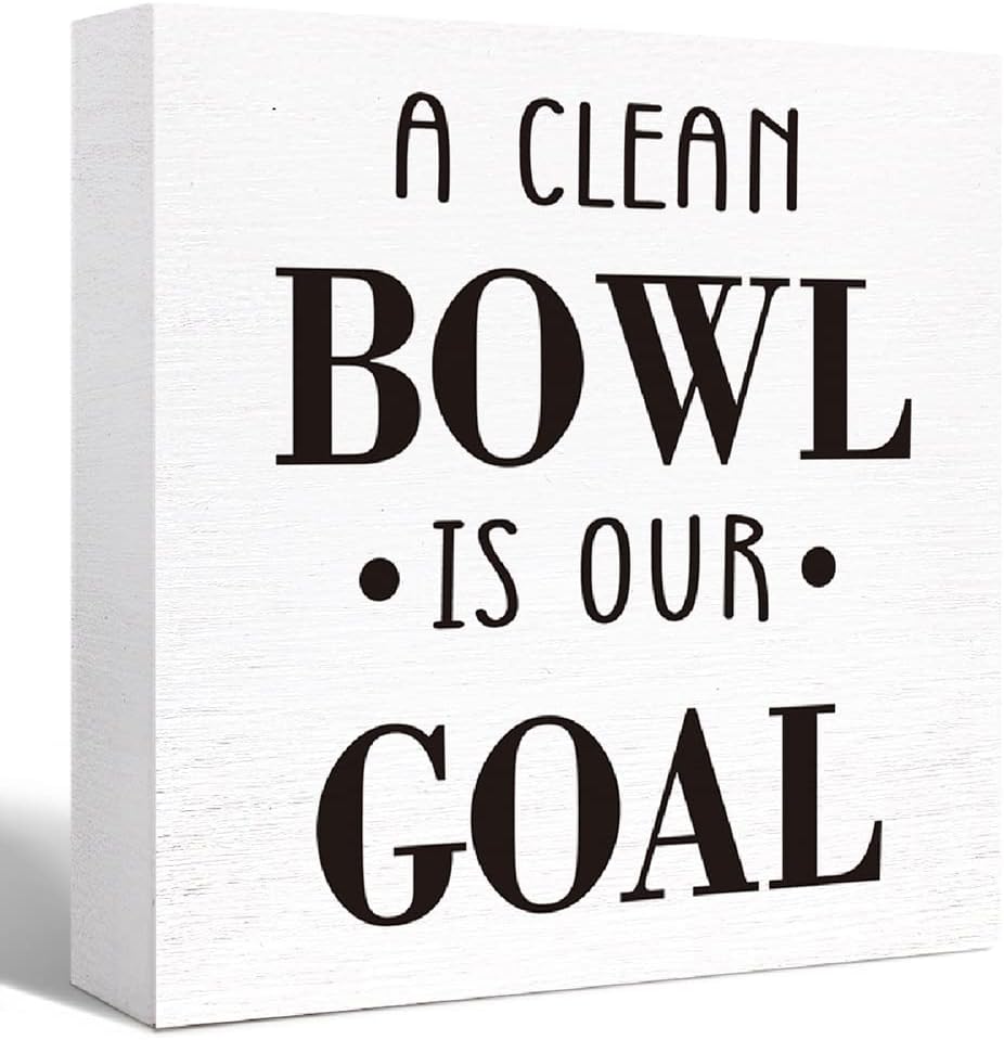 Funny Bathroom Wood Sign a Clean Bowl is Our Goal Wood Block Sign for Bathroom Shelf Toilet Restroom Home Tabletop Desk Decor,Farmhouse Bathroom Wooden Box Sign