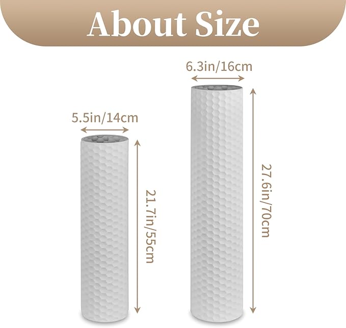 Sziqiqi White Tall Vases for Floor: 27.6/21.7in Metal Cylinder Handmade Flower Holder Extra Large Decorative Vase Set of 2 Modern Honeycomb Texture Big Standing Vase for Living Room Home Corner