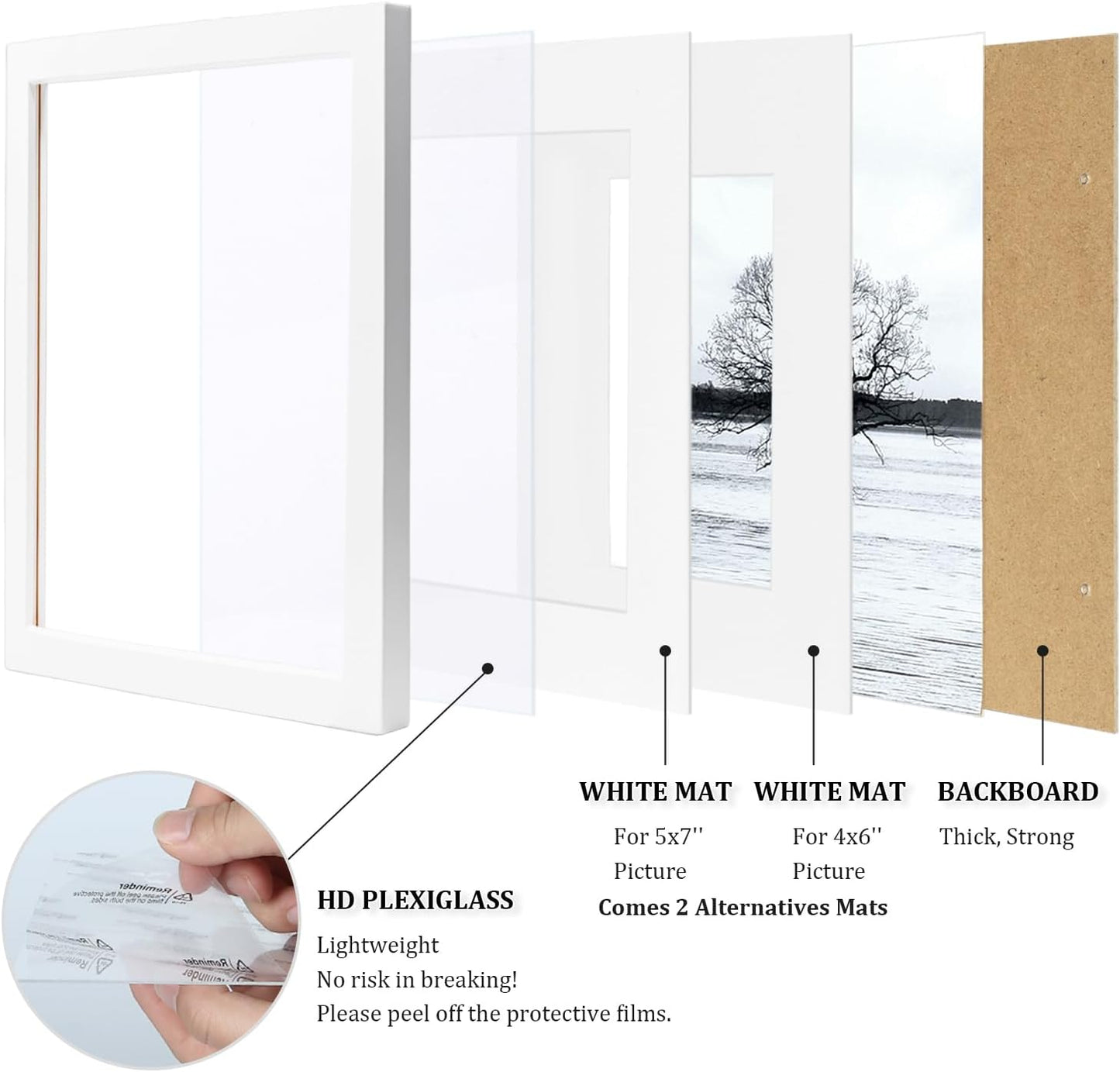 Egofine 8x10 Picture Frames Set of 4, Made of Solid Wood Covered by Plexiglass 4x6 and 5x7 with Mat or 8x10 without Mat, for Table Top Display and Wall Mounting Photo Frame White