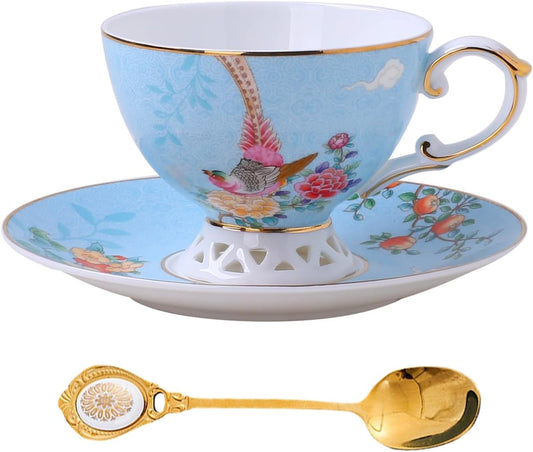 Blue Tea Cup and Saucer Set, Bone China Tea Cup and Saucer with Spoon, Porcelain Floral Teacup Set with Gold Trim, Dishwasher Safe, Food Grade, Gift for Women, Mom, Friends, 6.8 oz