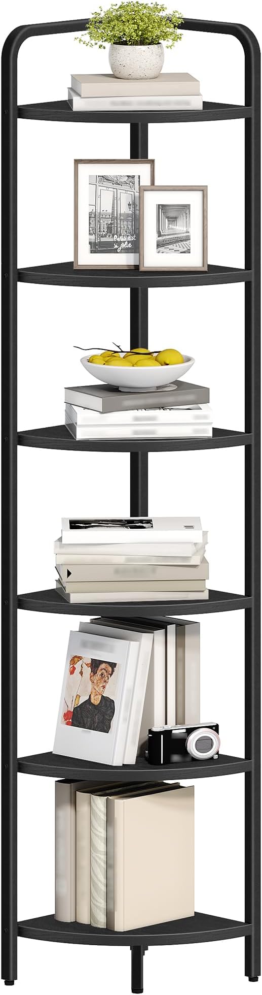 Corner Shelf Stand, Corner Bookshelf, Plant Shelf, Corner Display Rack, Standing Shelf with Metal Frame for Living Room, Bathroom, Kitchen, Industrial Style, 6 Tier Black CS06604B