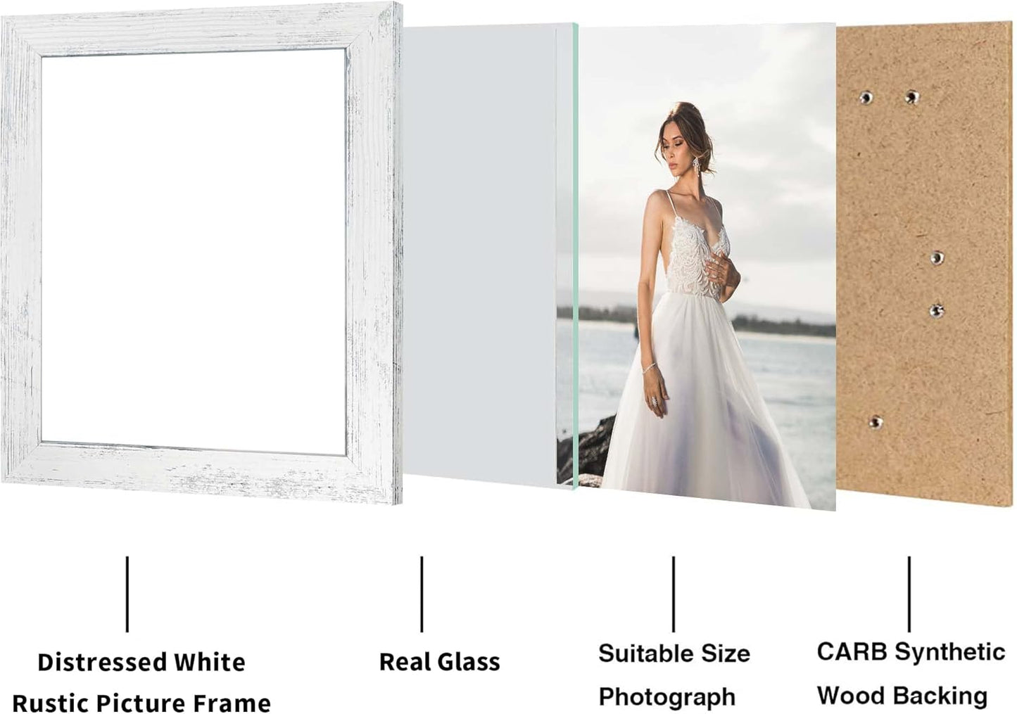 iRahmen 8x10 Picture Frame Set of 4, High Definition Glass Distressed White Frame, 8 x 10 Wood Photo Frames for Tabletop Display and Wall Mounting