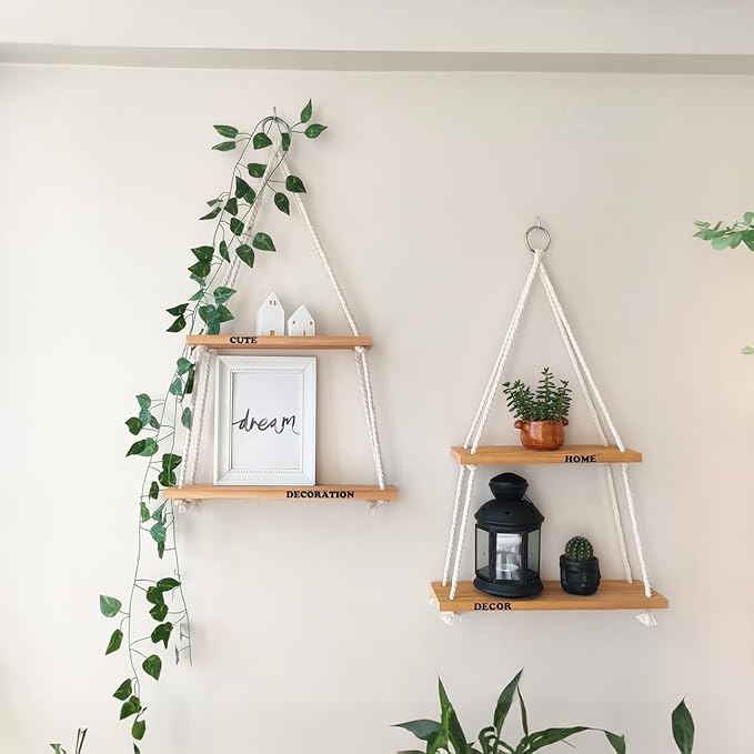Hanging Shelves for Wall - Boho Room Decor Aesthetic - Hanging Plant Shelf Decor - Floating Shelves for Room Wall - Rope Shelves for Bedroom Aesthetic, Boho Decor Wall Hanging Shelves for Living Room