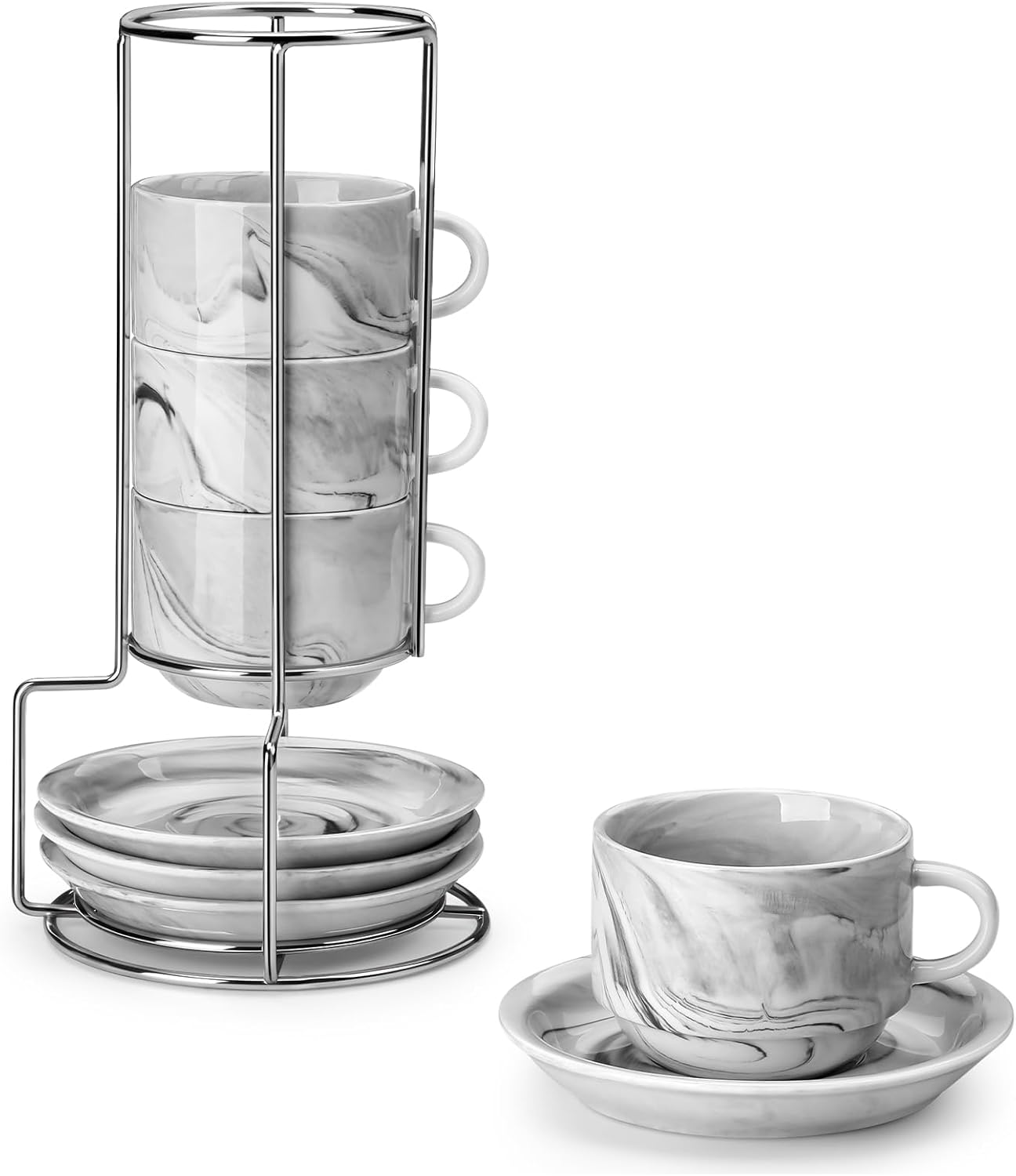 MALACASA 2.5 OZ Porcelain Espresso Cups with Saucers and Metal Stand Set of 4, Stackable Cappuccino Cups, Marble Gray Expresso Shots Cup Set for Coffee Drinks, Latte, Tea