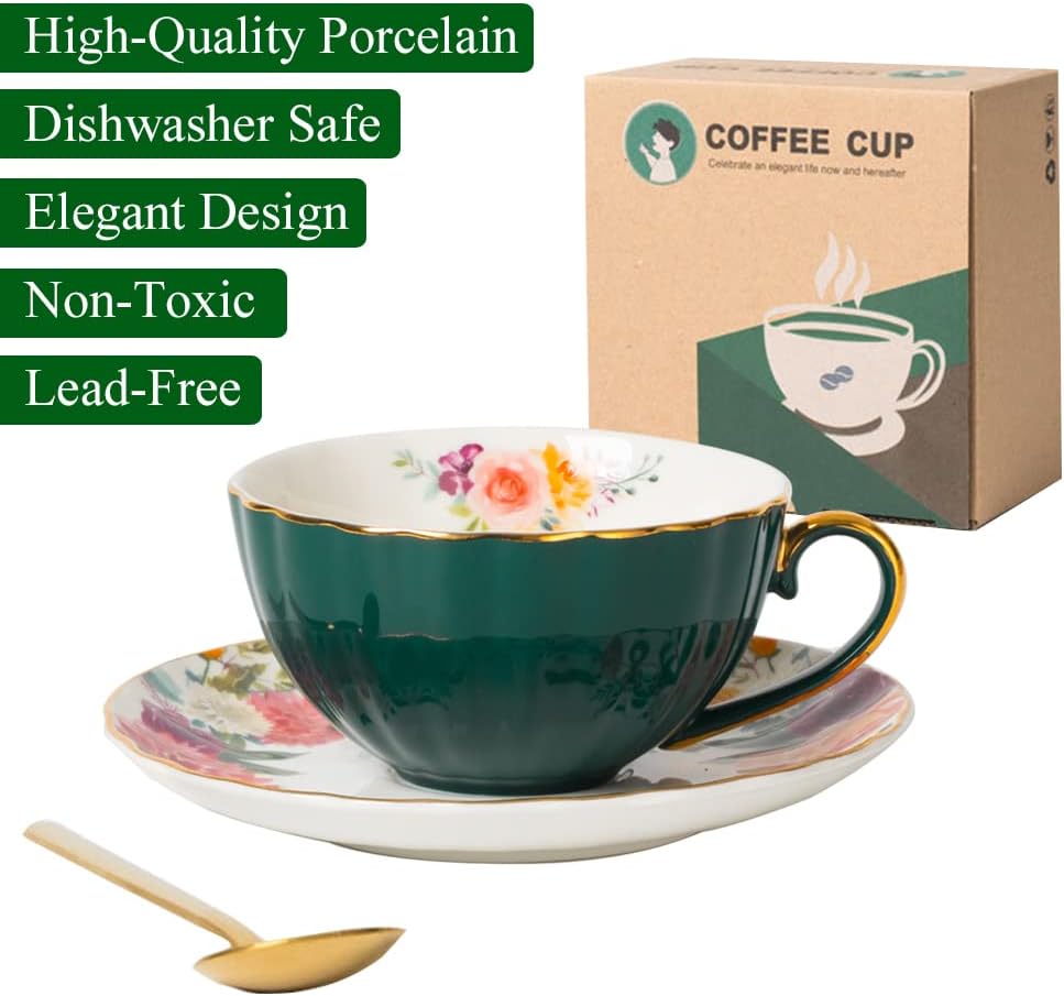 Green Tea Cup and Saucer,Porcelain Coffee Cup Royal Ceramic Floral Lined Design Teacup with Gold Trim and Spoon,8 oz Vintage China Mug Cup for Latte,Cappuccino,Tea Sets Birthday Gift