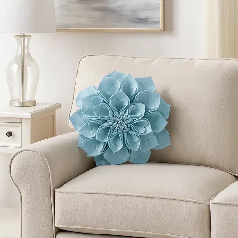 Fennco Styles Handmade 3D Heart-Shaped Petals Flower Decorative Throw Pillow Cover Only - 13" Round Aqua Floral Pillow Case for Couch, Home Décor and Holiday, Housewarming Gift