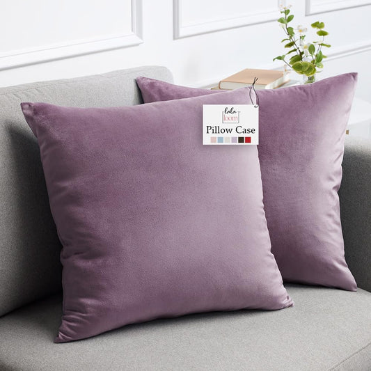 lalaLOOM Velvet Throw Pillow Covers, Set of 2, 18x18 Decorative Square Pillows Home Decor, Soft Accent Cases, Silky Machine Washable Pillowcases for Sofa, Couch, Bedroom, Living Room, Plum Purple